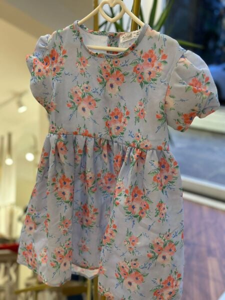 Mavi Pembe Çiçekli Kız Çocuk Elbise