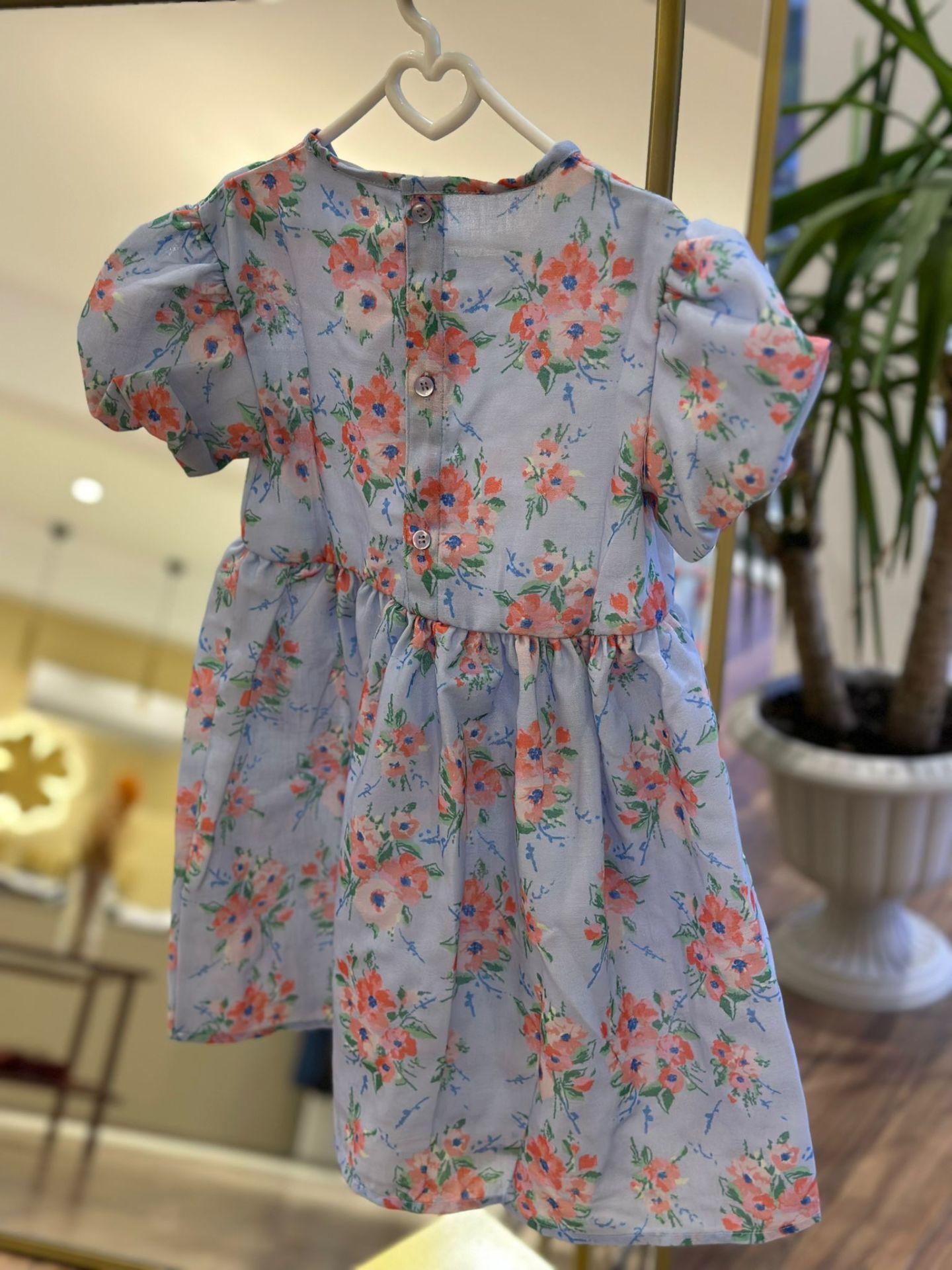 Mavi Pembe Çiçekli Kız Çocuk Elbise