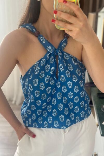 Mavi Keten Kumaş Desenli Bluz(Değişim ve İade Yoktur)