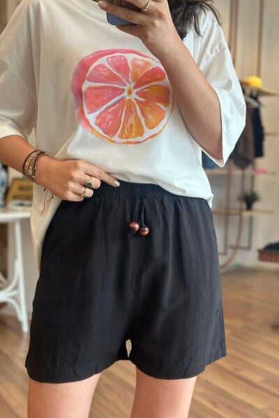 Siyah Beli Lastikli Yüksek Bel Keten Şort