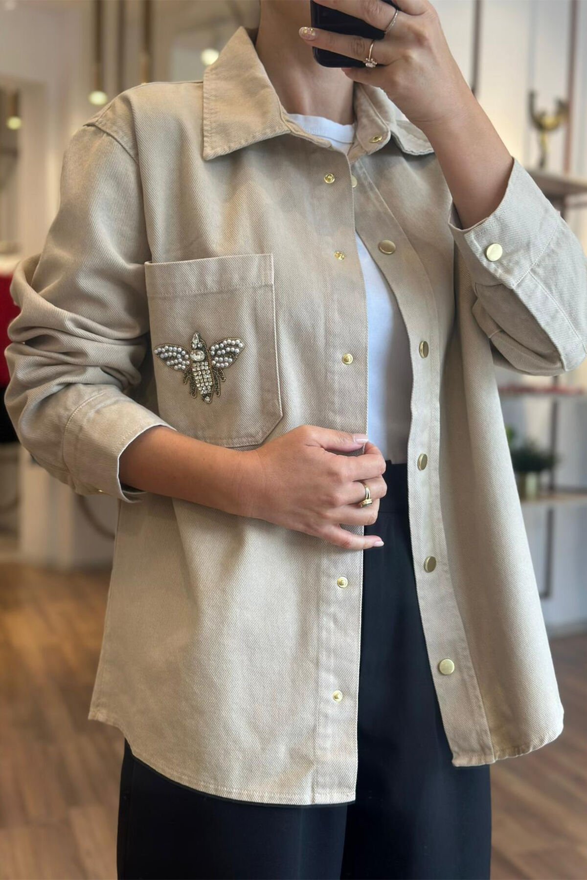 Krem Rengi Bclub Taş ve Boncuk İşlemeli Kot Ceket/Gömlek