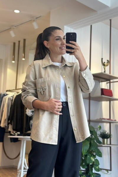 Krem Rengi Bclub Taş ve Boncuk İşlemeli Kot Ceket/Gömlek