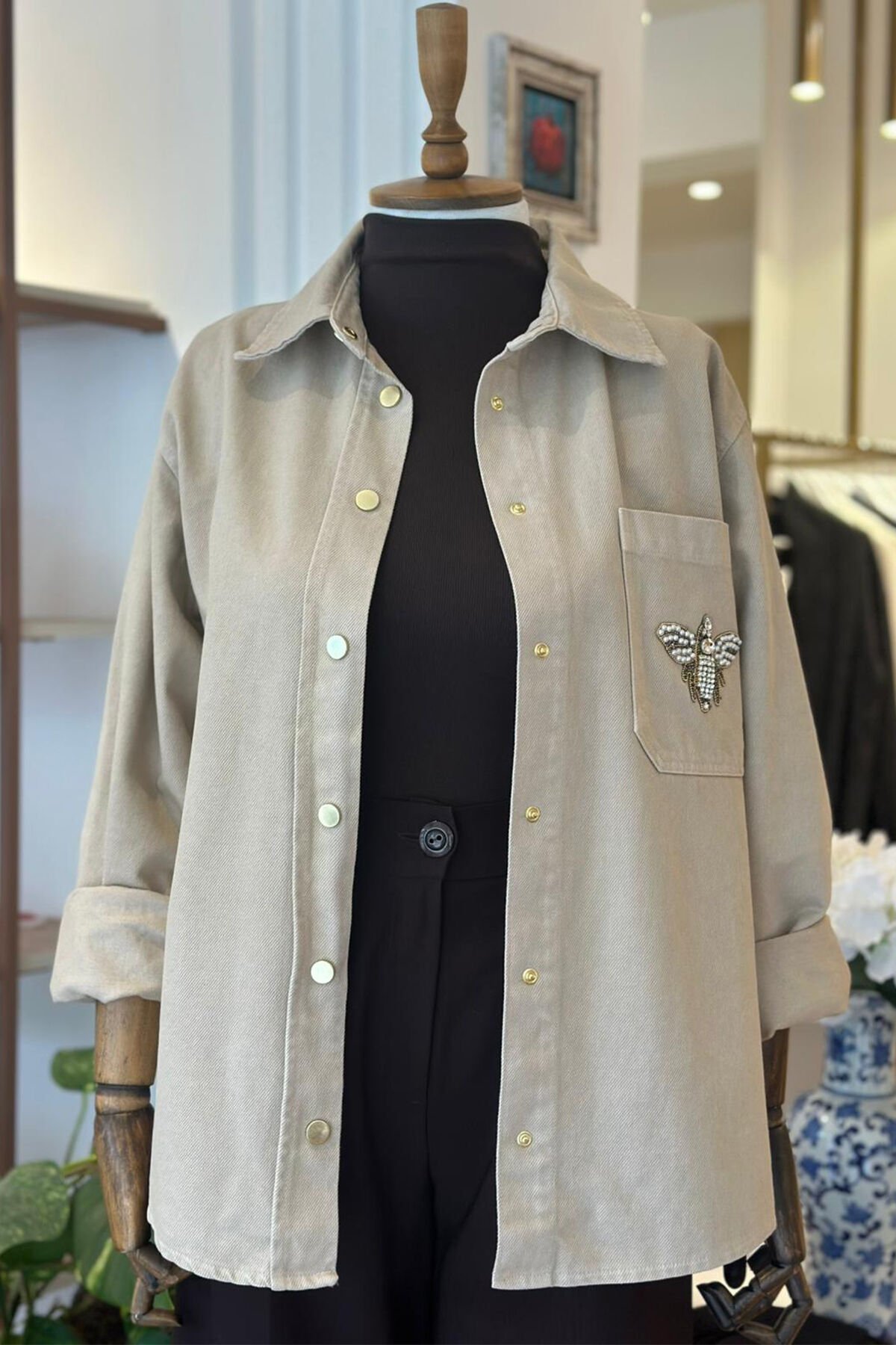 Krem Rengi Bclub Taş ve Boncuk İşlemeli Kot Ceket/Gömlek