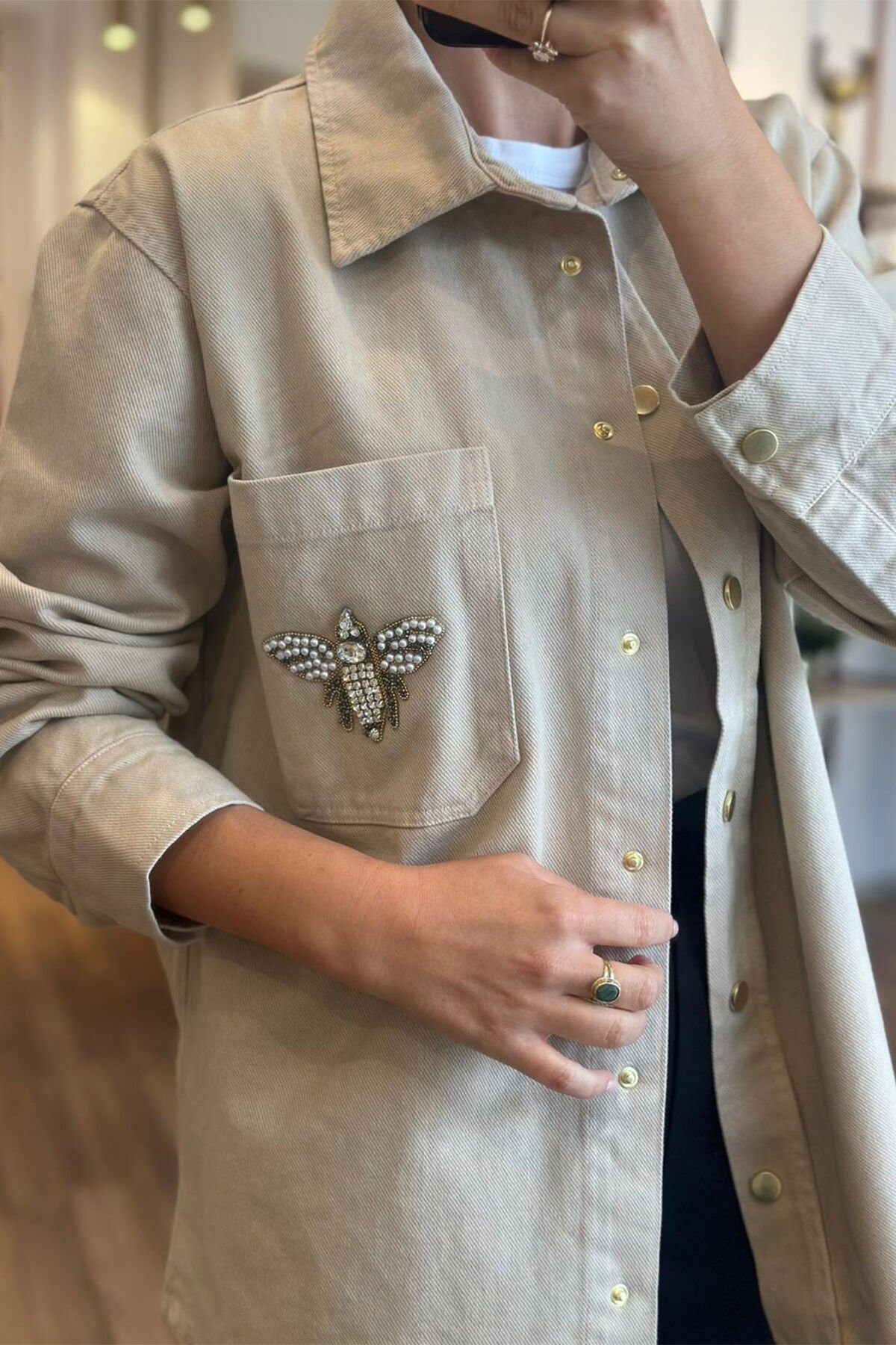 Krem Rengi Bclub Taş ve Boncuk İşlemeli Kot Ceket/Gömlek