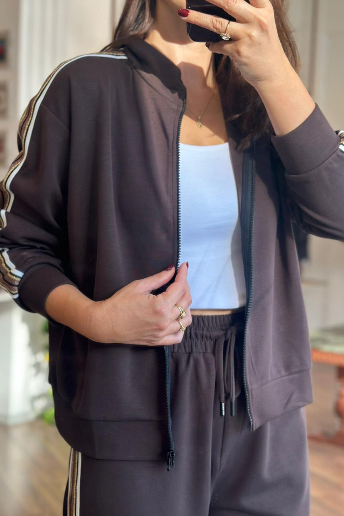 BClub Kahverengi Şerit Detaylı Modal Kumaş Alt-Üst Takım