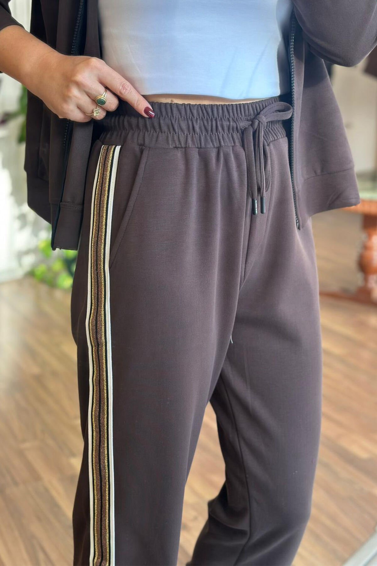 BClub Kahverengi Şerit Detaylı Modal Kumaş Alt-Üst Takım