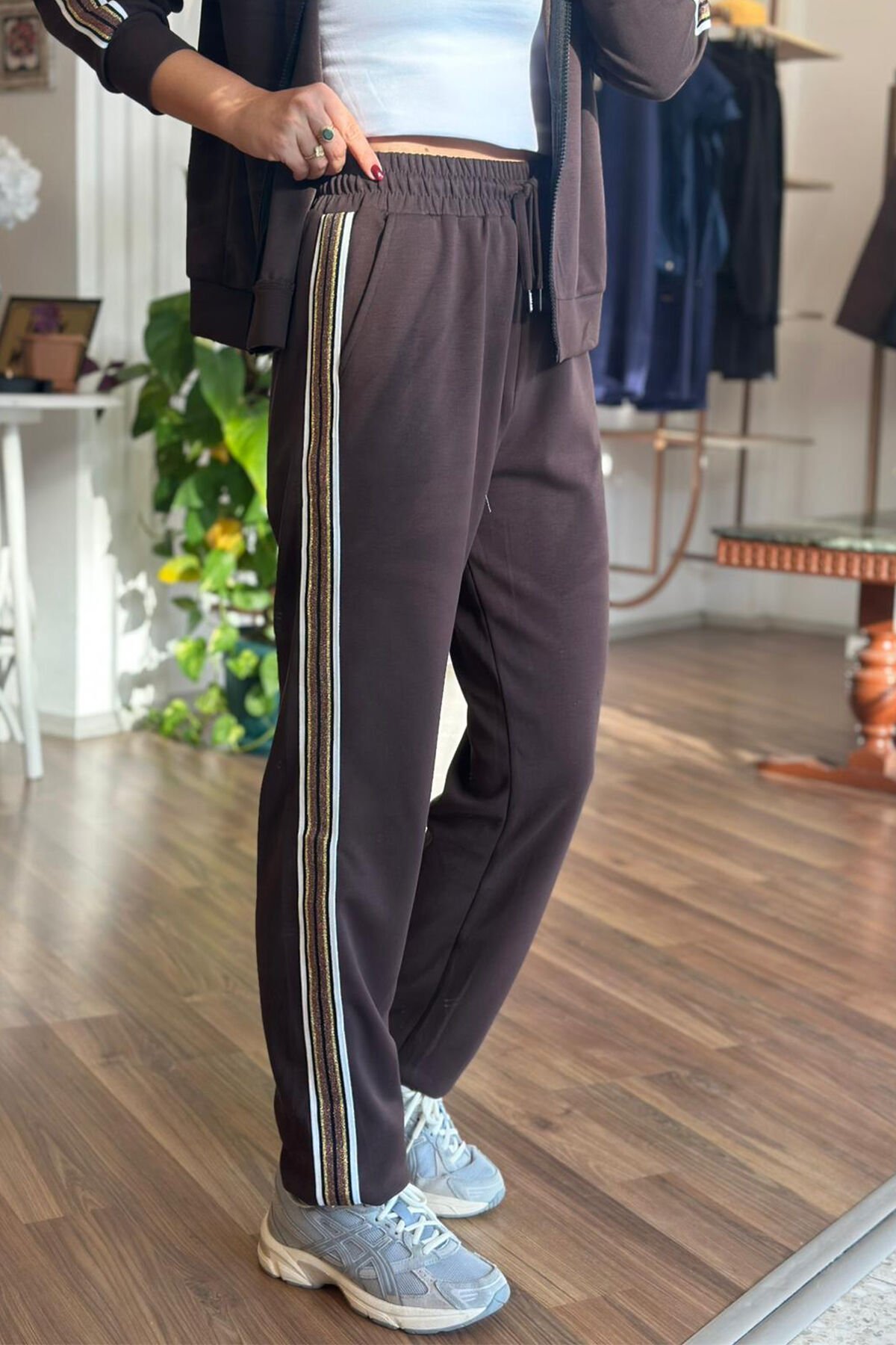 BClub Kahverengi Şerit Detaylı Modal Kumaş Alt-Üst Takım