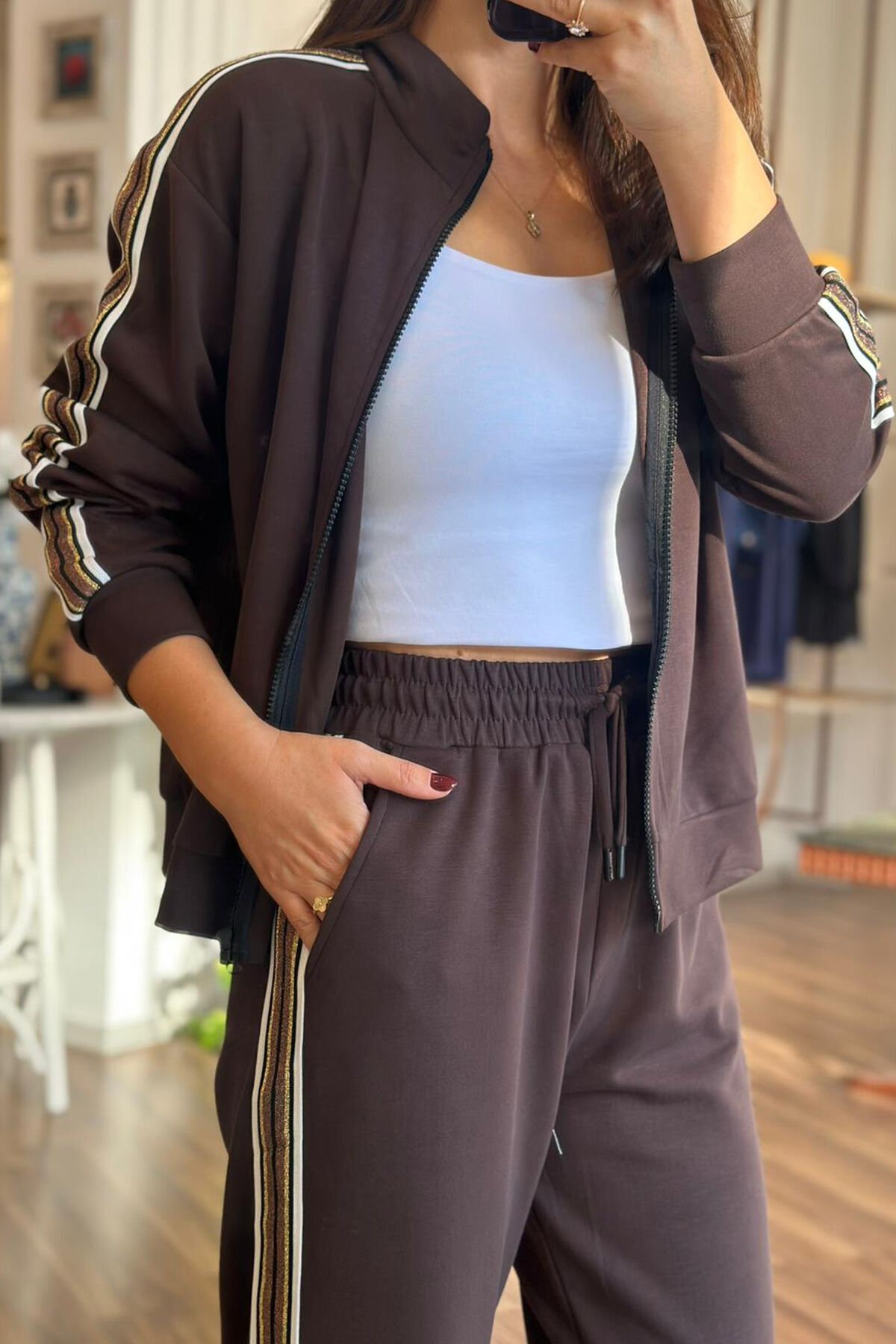 BClub Kahverengi Şerit Detaylı Modal Kumaş Alt-Üst Takım