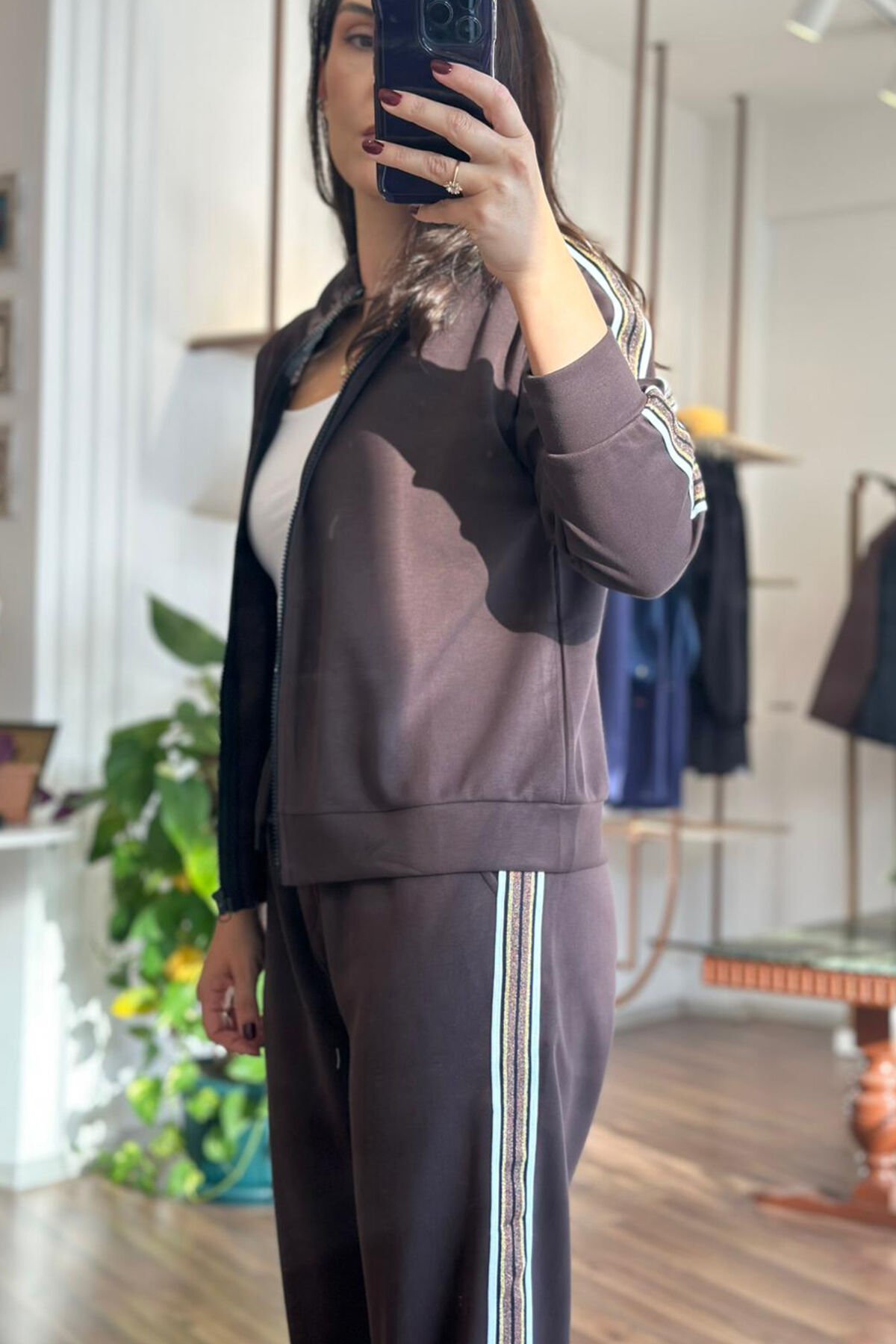 BClub Kahverengi Şerit Detaylı Modal Kumaş Alt-Üst Takım