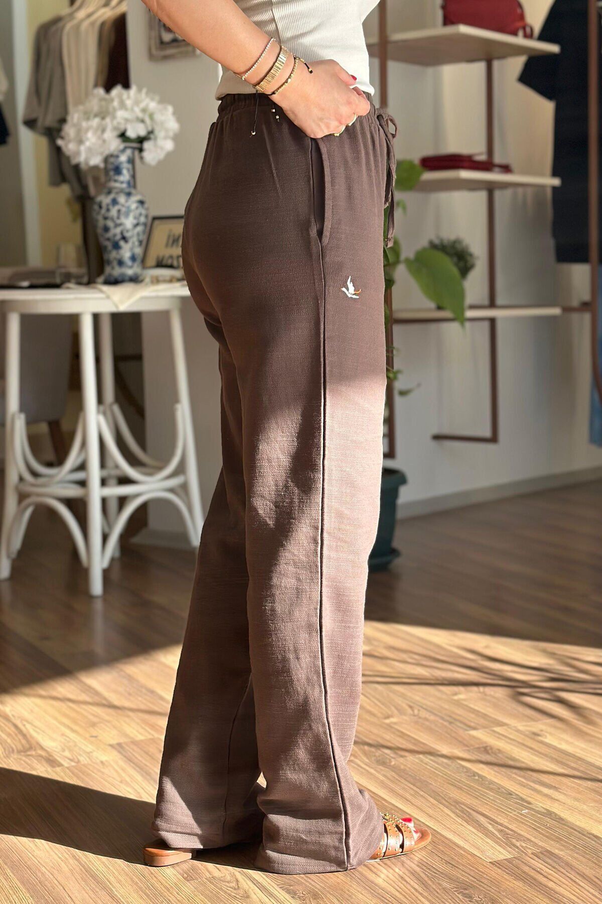 Kahve Beli Lastikli Pamuklu BClub Bol Baça Pantolon