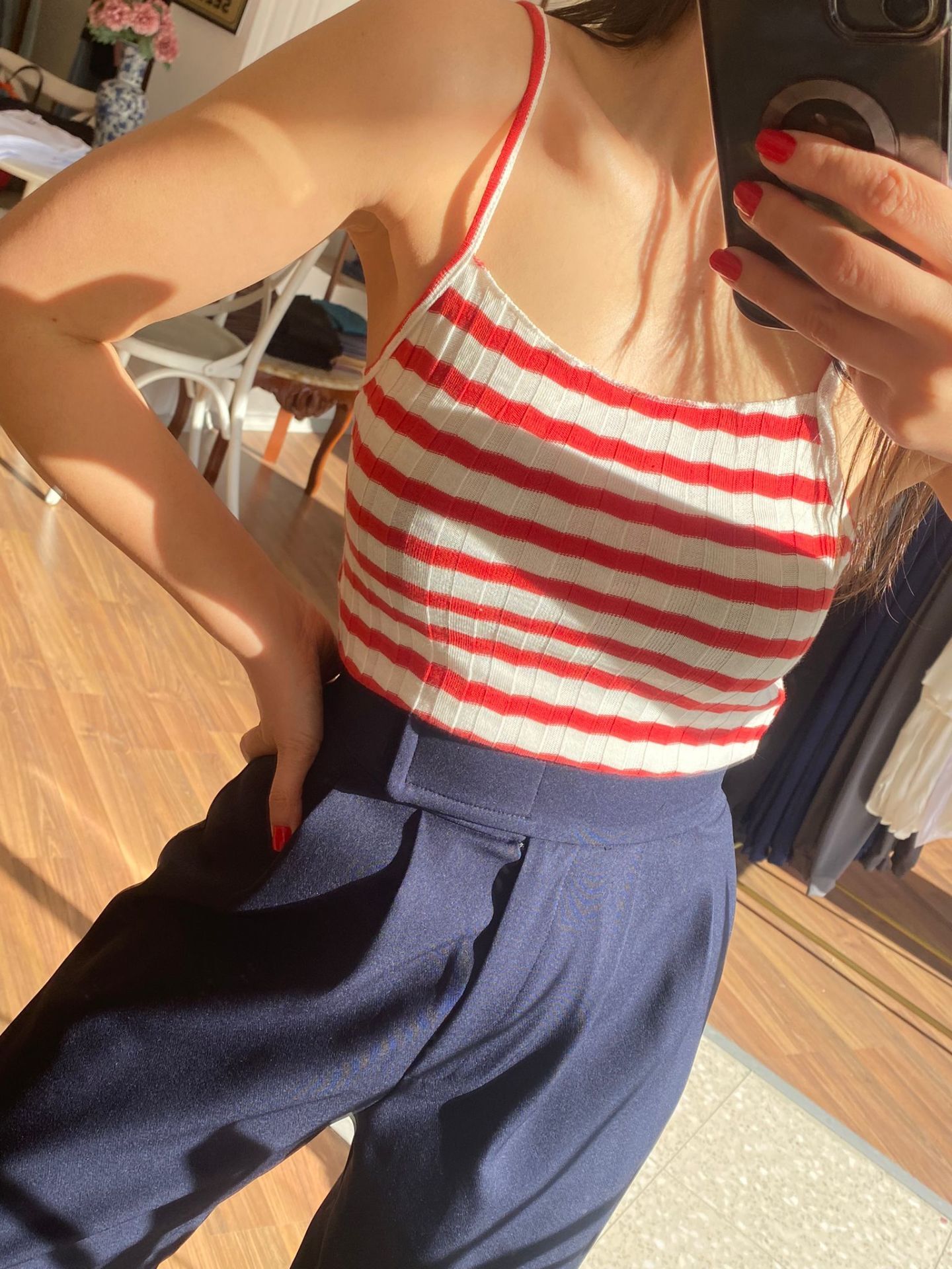 Kırmızı Beyaz Çizgili İnce Askılı Triko Crop (Değişim ve İade Yoktur)