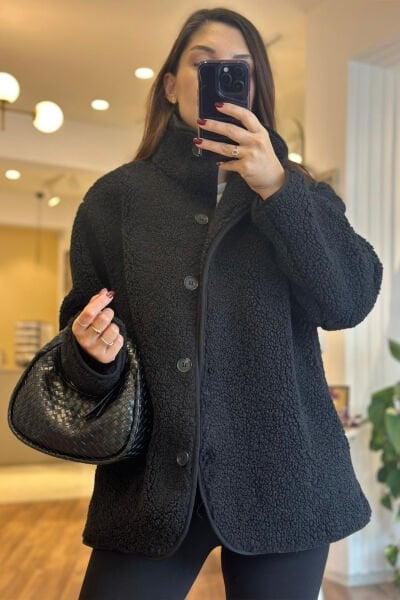 Siyah İçi Astarlı ve Dolgun Teddy Mont