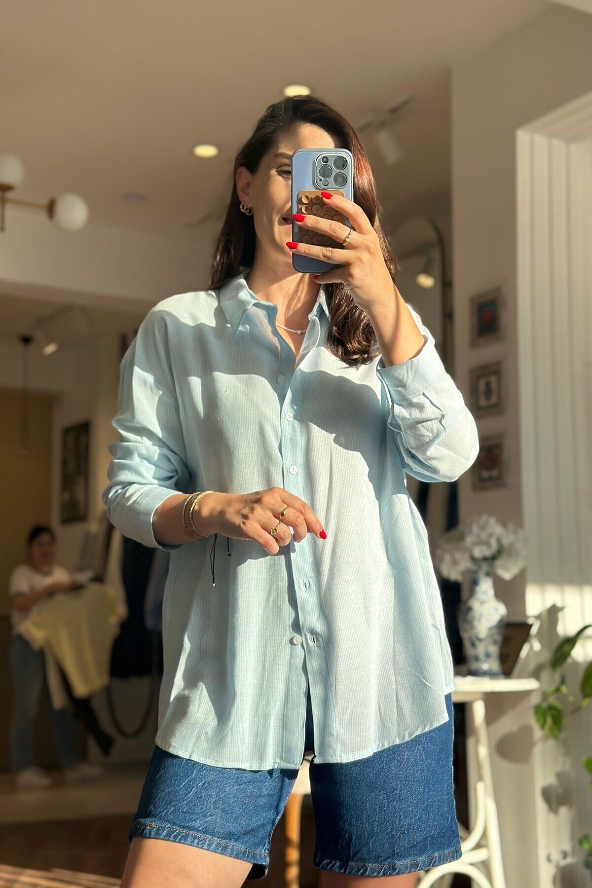 Açık Mavi Çizgili %100 Pamuklu Gömlek