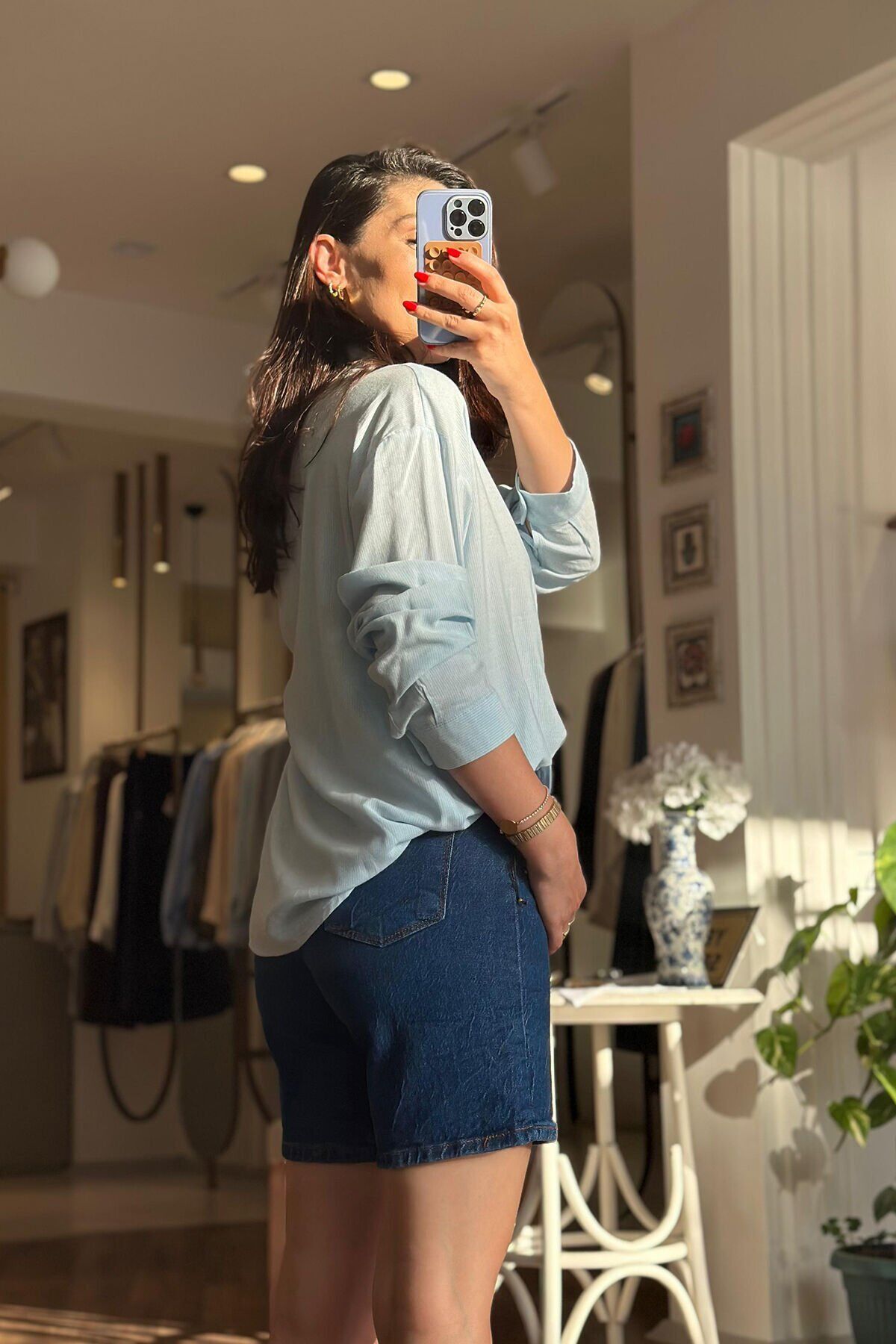 Açık Mavi Çizgili %100 Pamuklu Gömlek