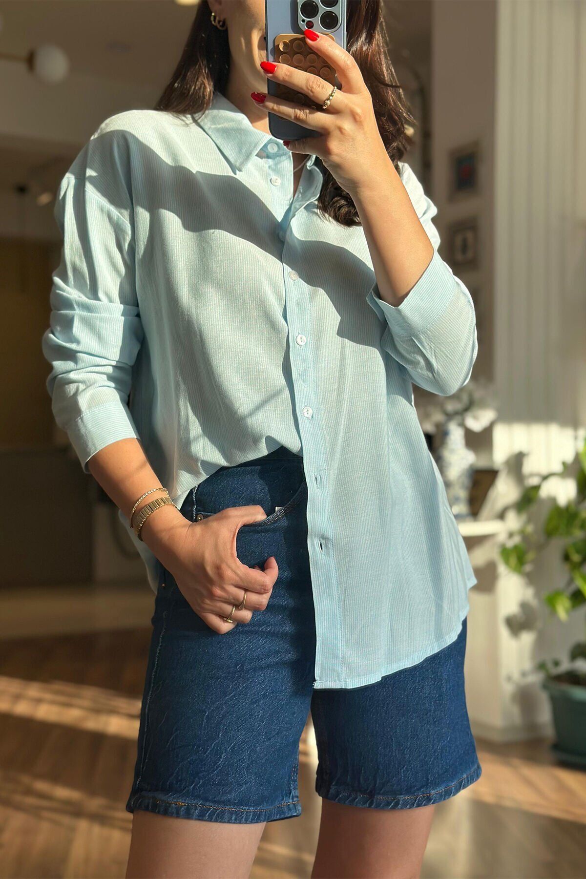 Açık Mavi Çizgili %100 Pamuklu Gömlek