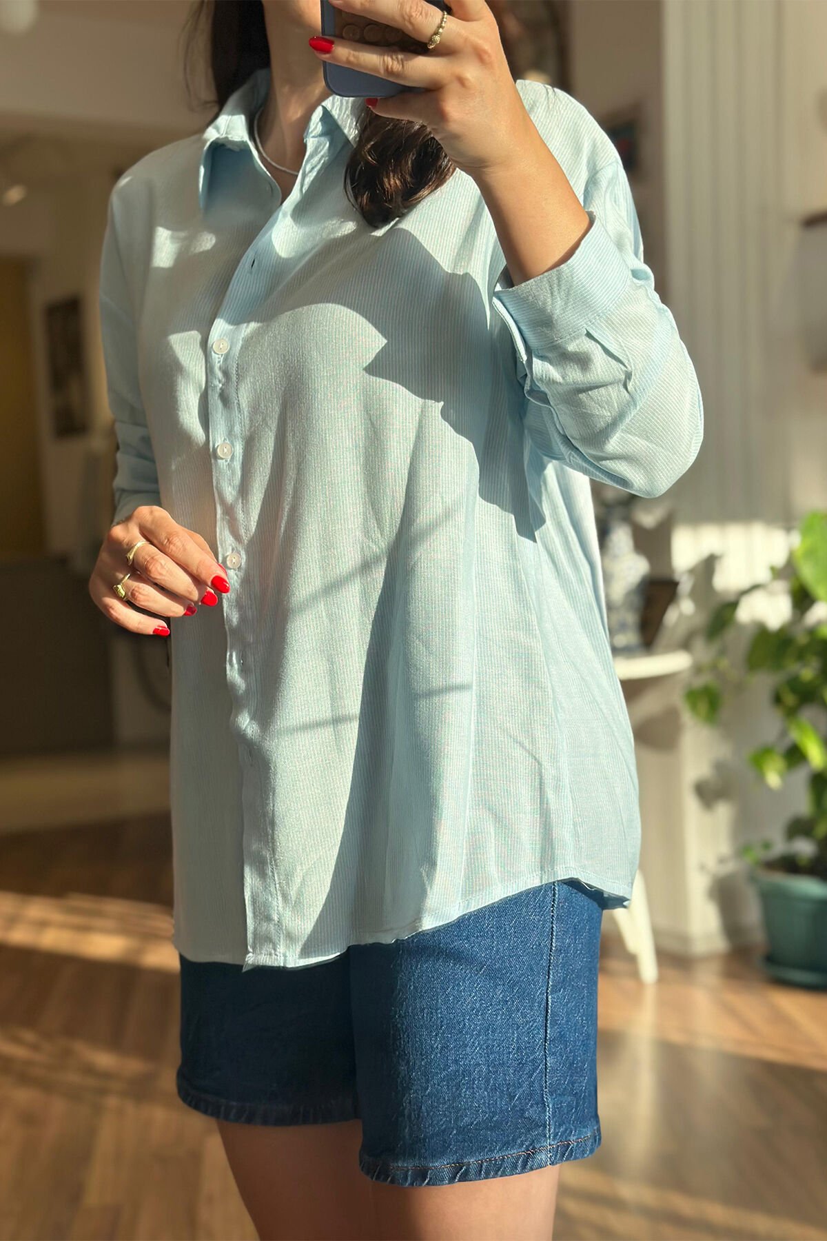 Açık Mavi Çizgili %100 Pamuklu Gömlek