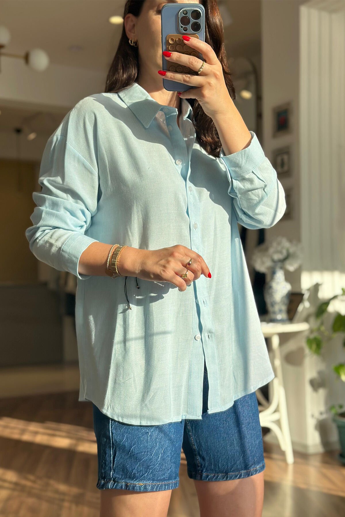 Açık Mavi Çizgili %100 Pamuklu Gömlek