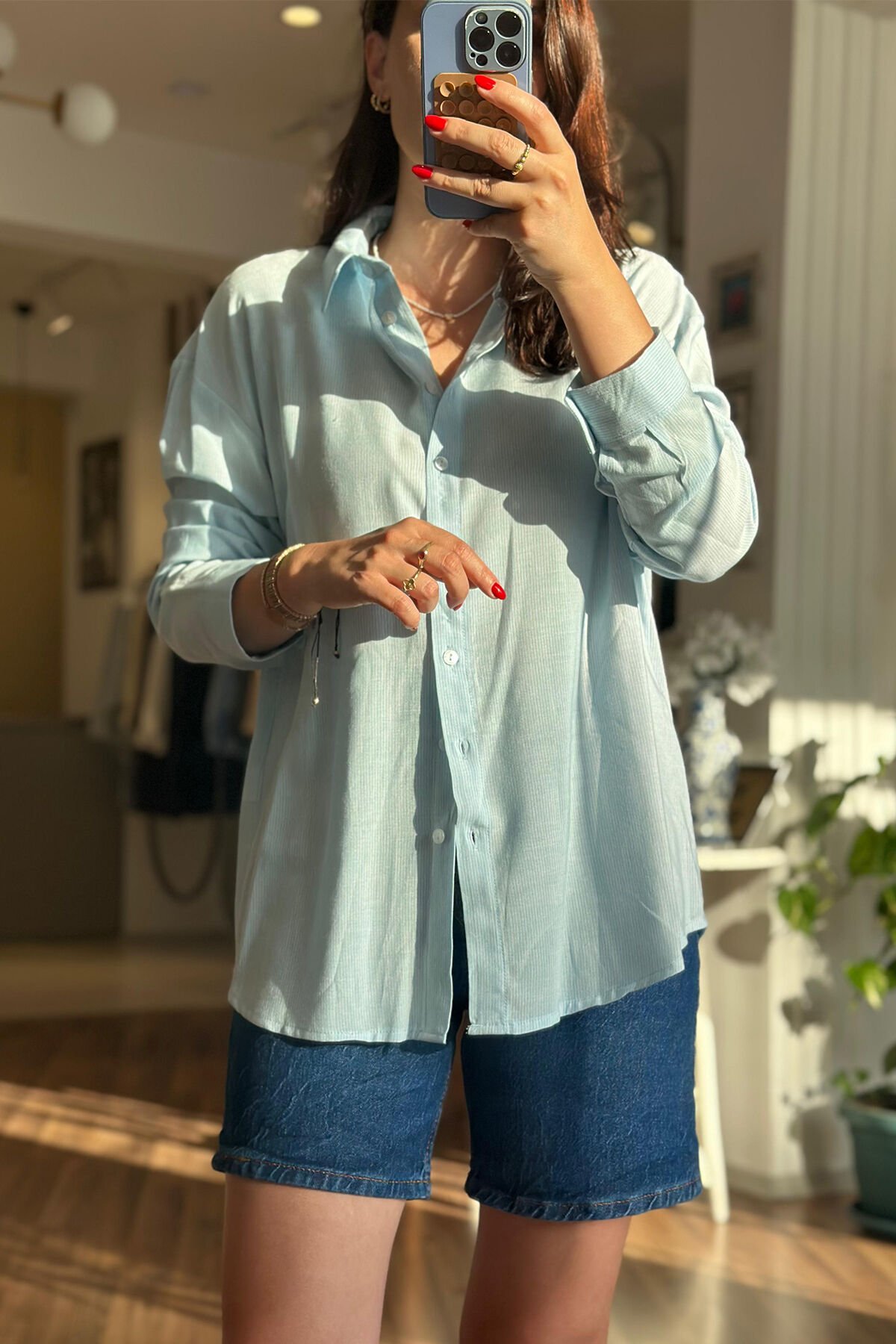 Açık Mavi Çizgili %100 Pamuklu Gömlek