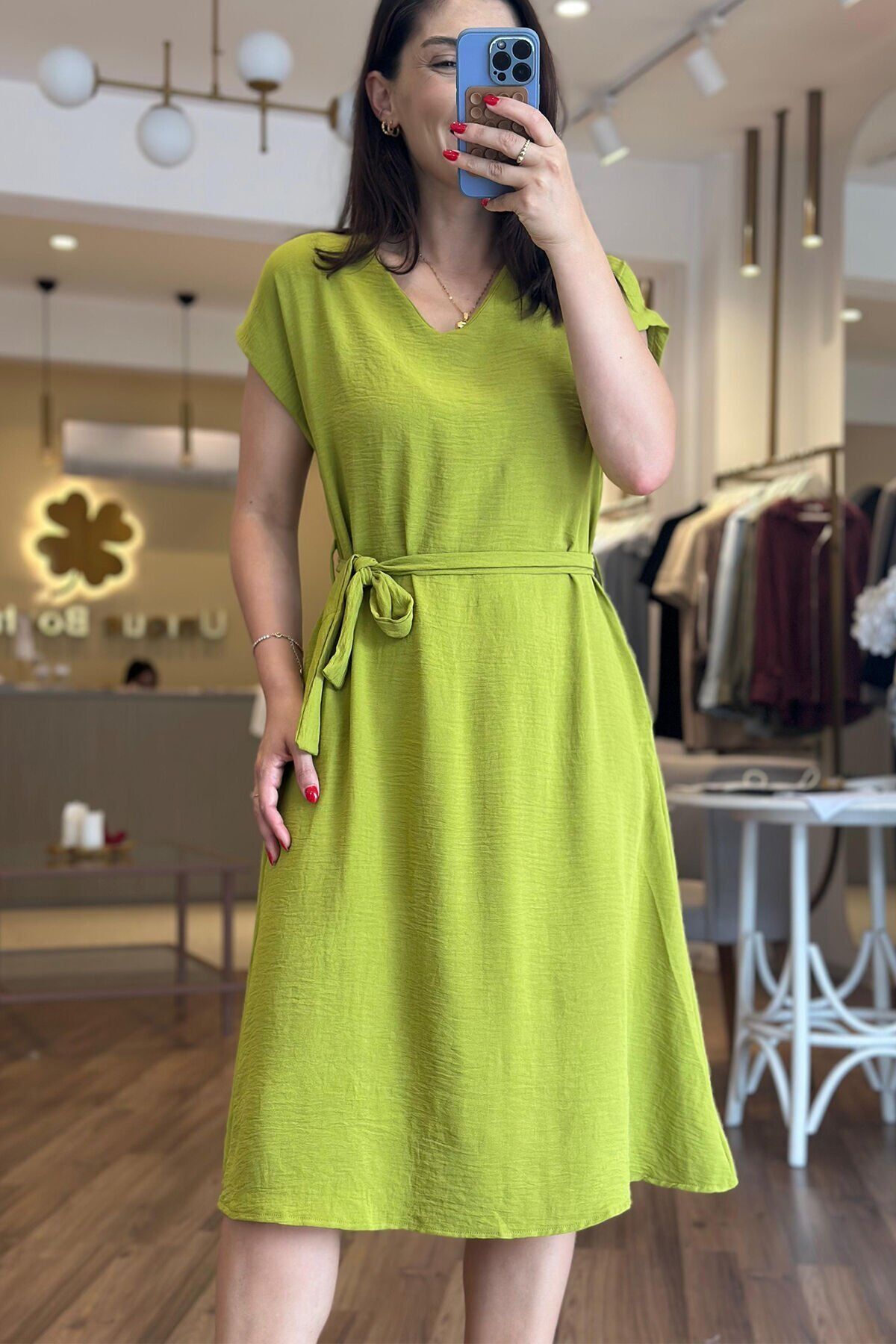 Yağ Yeşili Aerobin Kumaş Midi Boy Kuşaklı Elbise