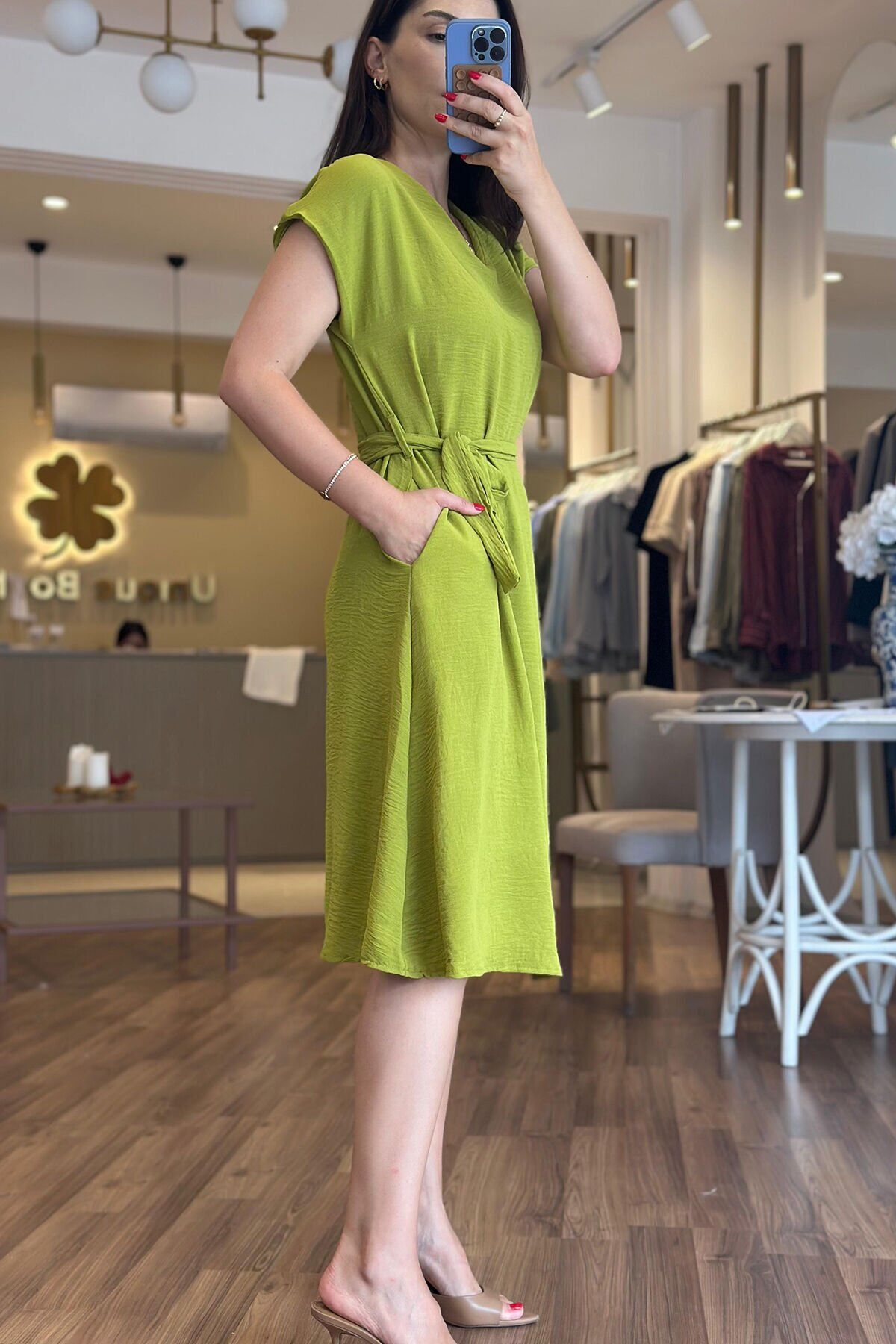 Yağ Yeşili Aerobin Kumaş Midi Boy Kuşaklı Elbise