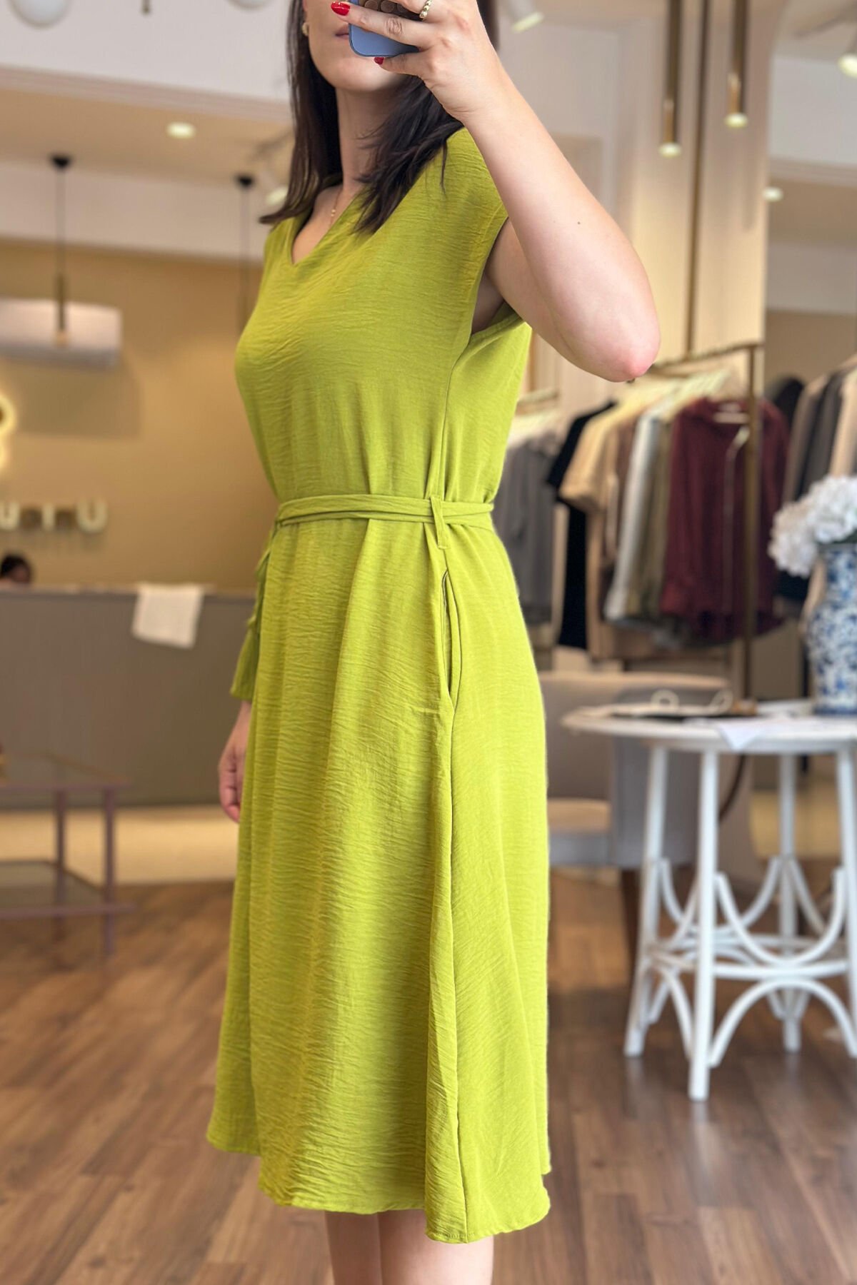 Yağ Yeşili Aerobin Kumaş Midi Boy Kuşaklı Elbise
