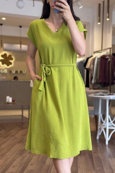 Yağ Yeşili Aerobin Kumaş Midi Boy Kuşaklı Elbise