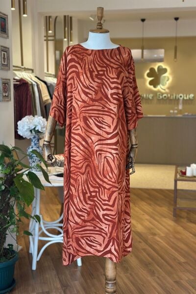 Turuncu Desenli Pamuklu Viskon Kumaş Büyük Beden Elbise