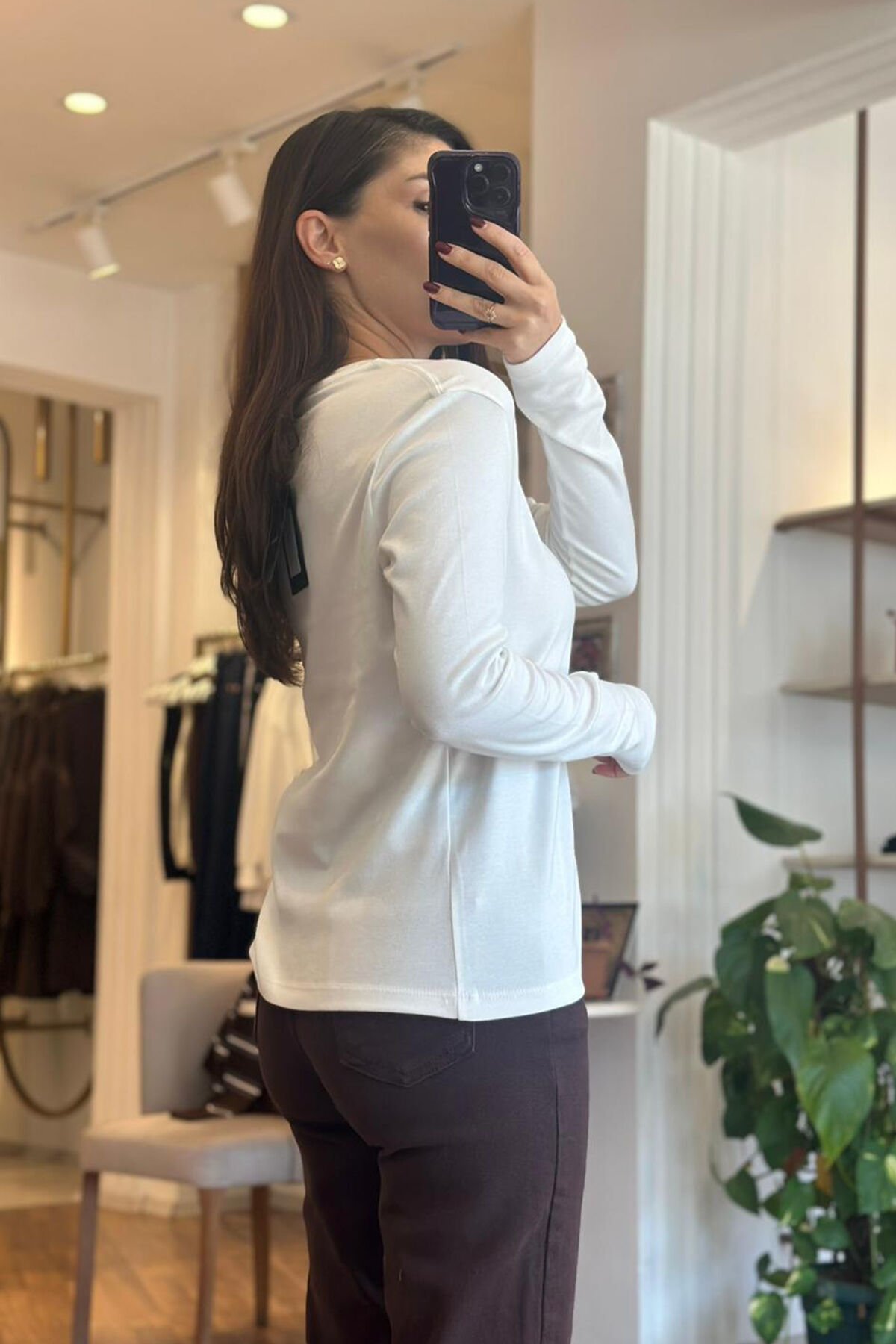 Ekru Bisiklet Yaka Uzun Kollu Pamuklu Basic T-shirt