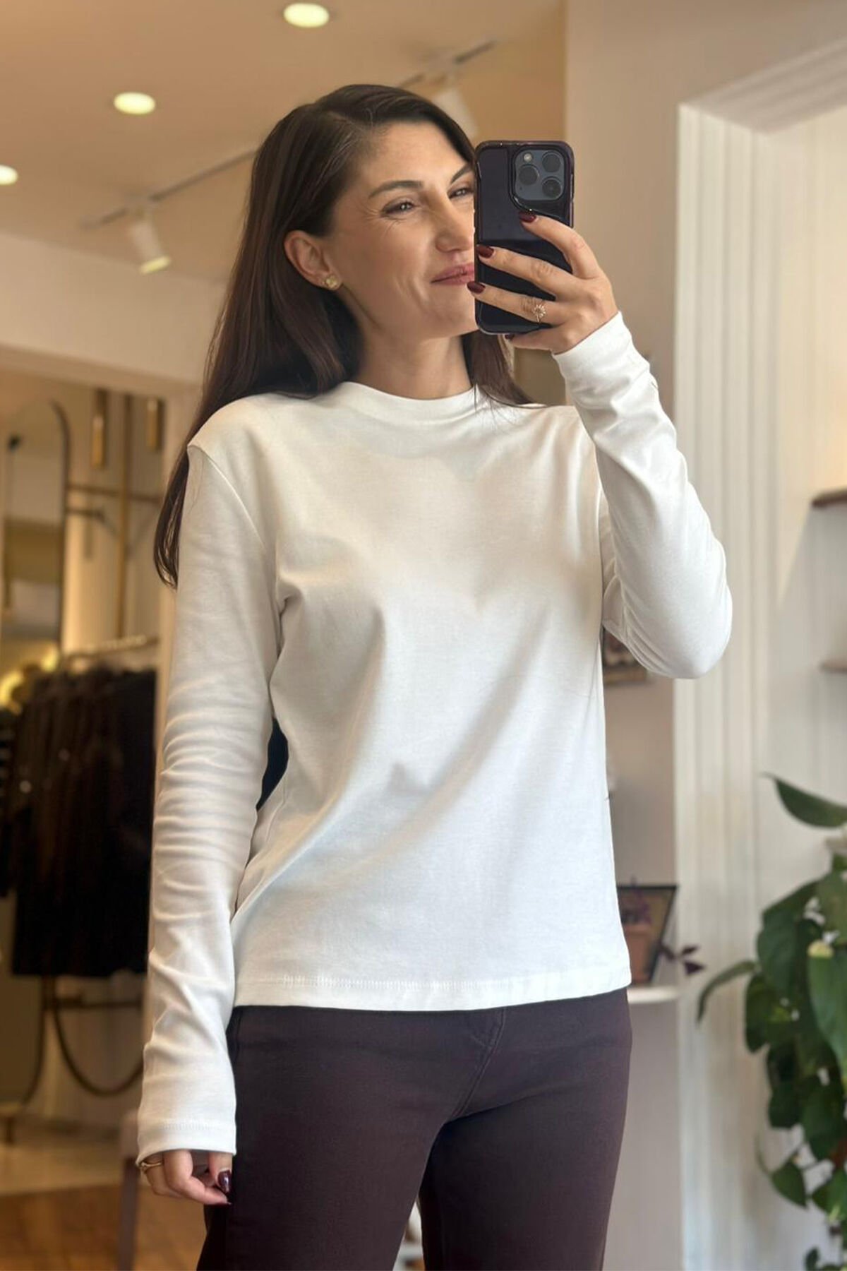 Ekru Bisiklet Yaka Uzun Kollu Pamuklu Basic T-shirt