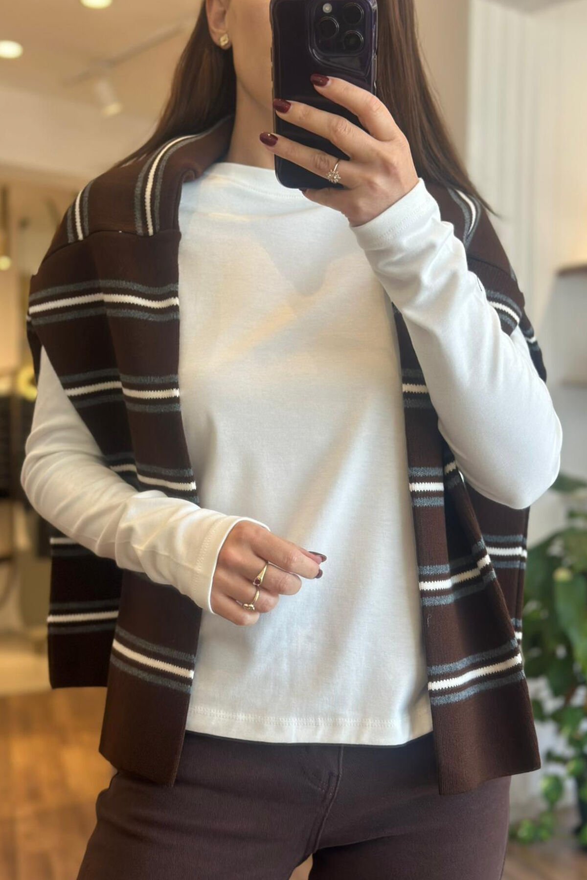 Ekru Bisiklet Yaka Uzun Kollu Pamuklu Basic T-shirt