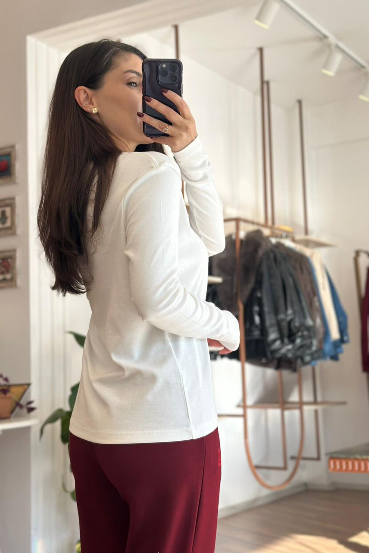 Ekru Bisiklet Yaka Uzun Kollu Pamuklu Basic T-shirt