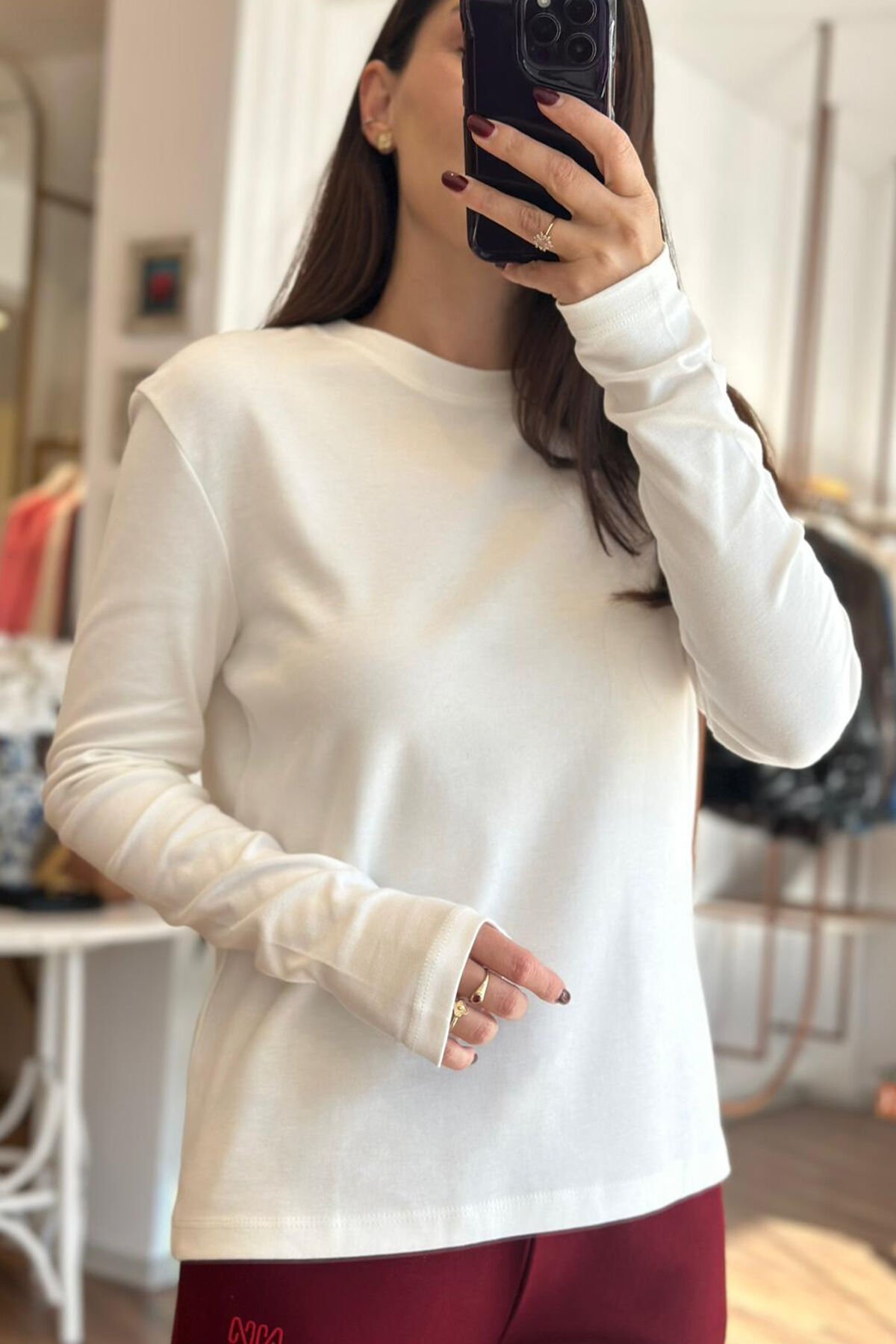 Ekru Bisiklet Yaka Uzun Kollu Pamuklu Basic T-shirt