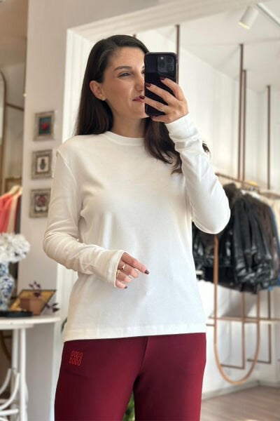 Ekru Bisiklet Yaka Uzun Kollu Pamuklu Basic T-shirt