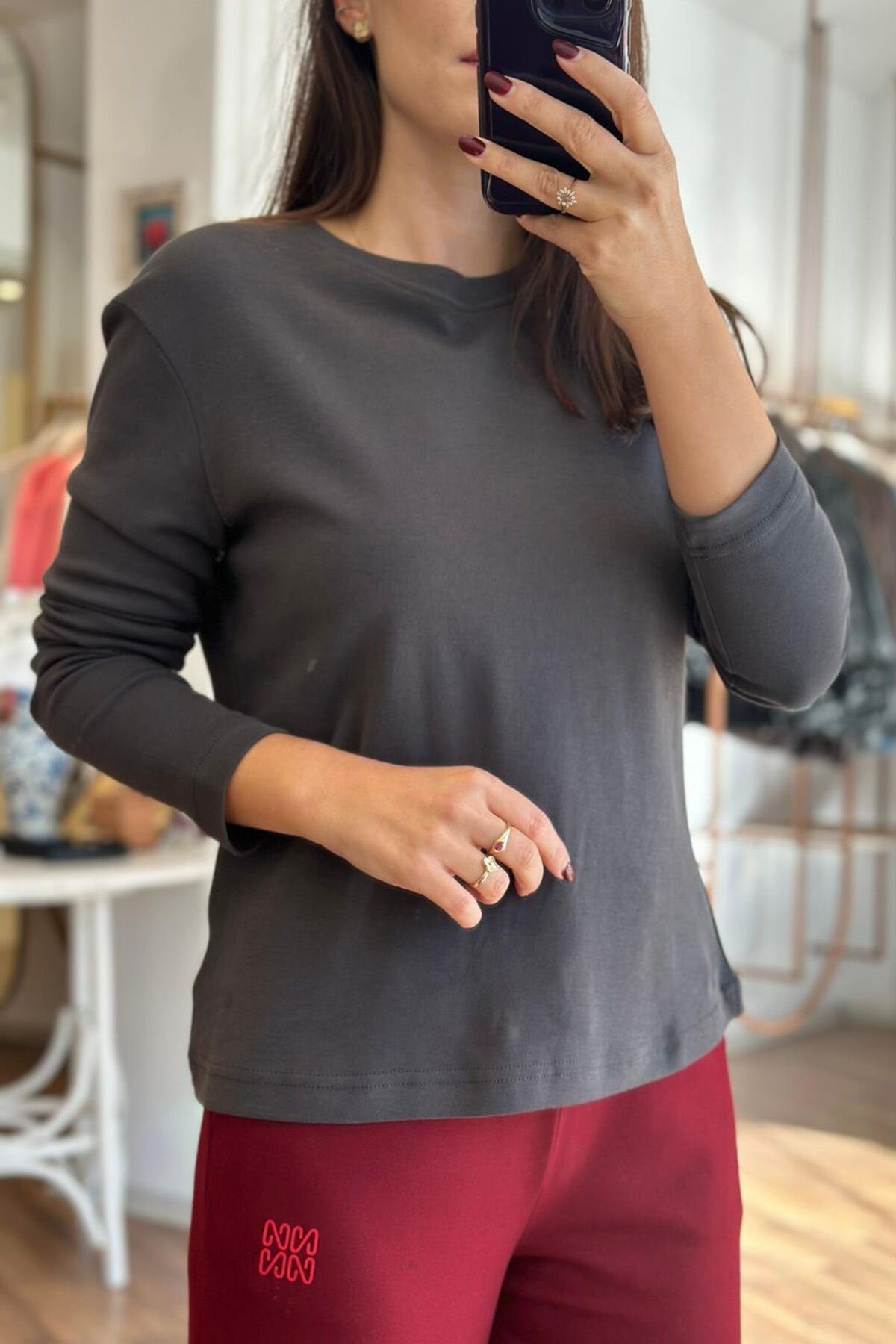 Füme Bisiklet Yaka Uzun Kollu Pamuklu Basic T-shirt