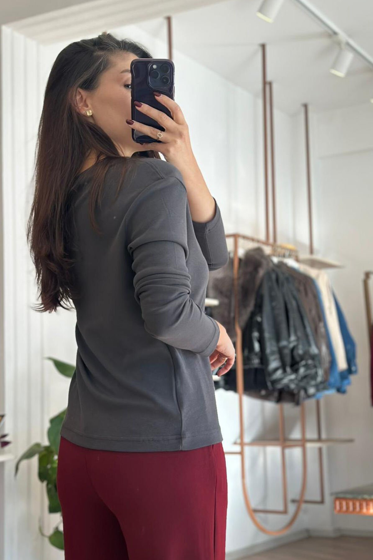 Füme Bisiklet Yaka Uzun Kollu Pamuklu Basic T-shirt