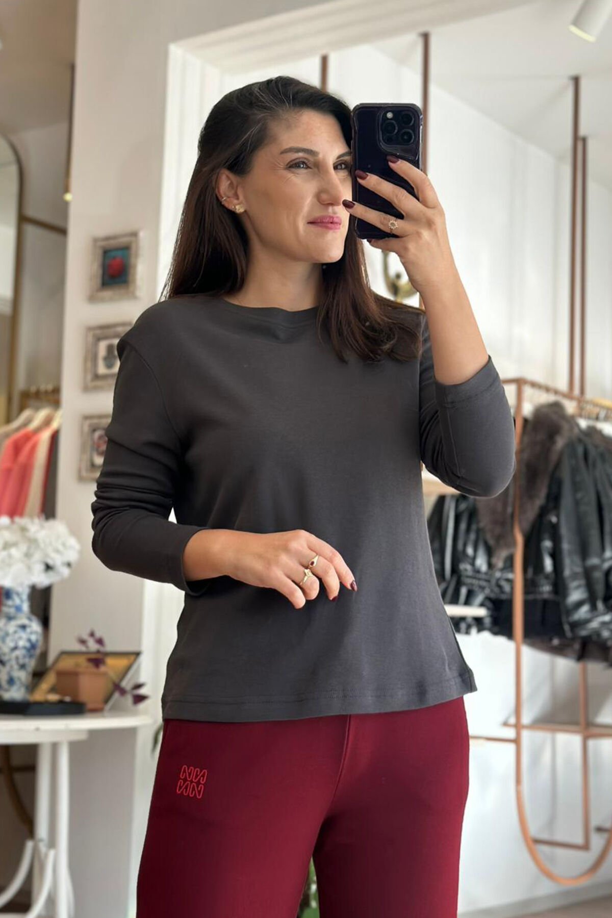 Füme Bisiklet Yaka Uzun Kollu Pamuklu Basic T-shirt