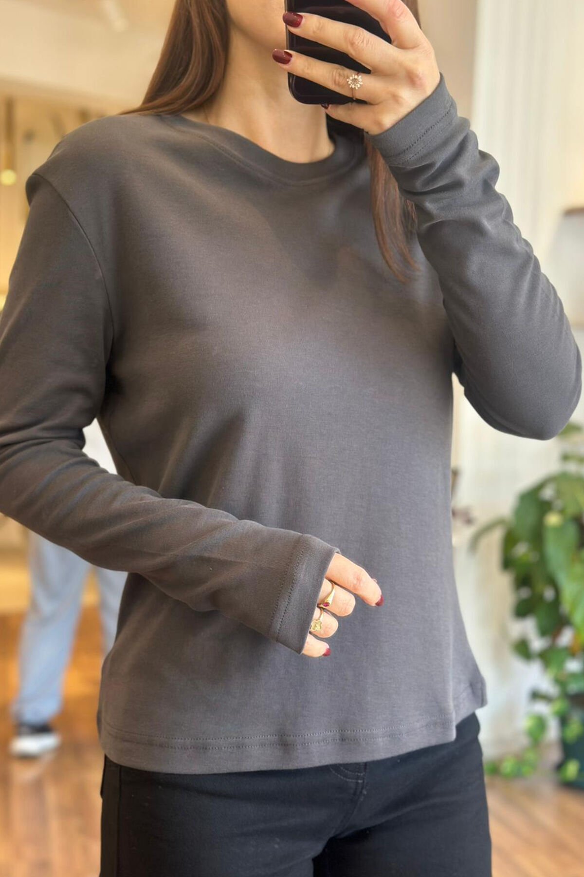 Füme Bisiklet Yaka Uzun Kollu Pamuklu Basic T-shirt