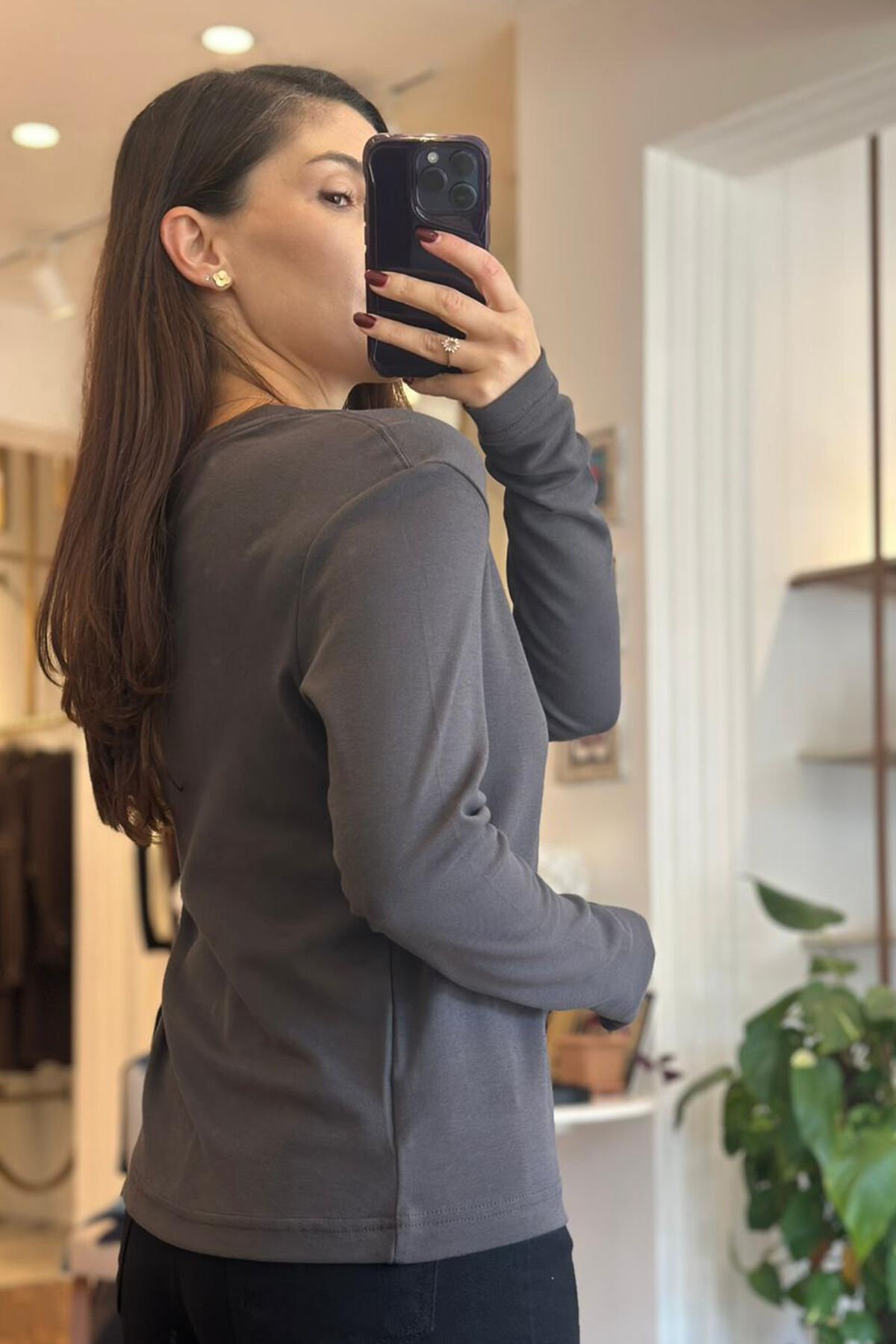 Füme Bisiklet Yaka Uzun Kollu Pamuklu Basic T-shirt