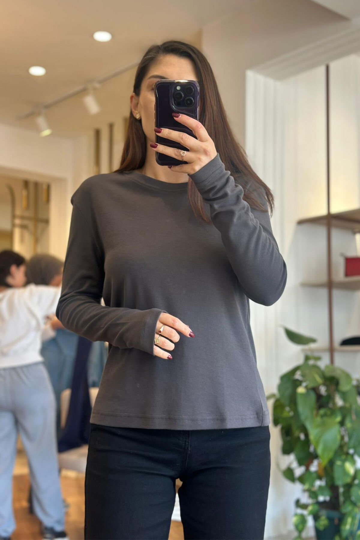 Füme Bisiklet Yaka Uzun Kollu Pamuklu Basic T-shirt