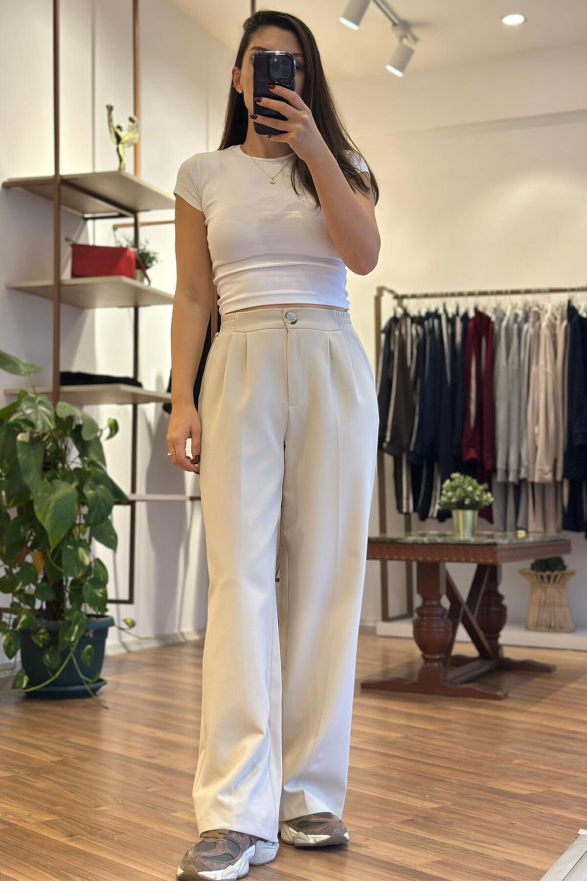 Taş Rengi Beli Lastikli Kırışmayan Kumaş Palazzo Pantolon