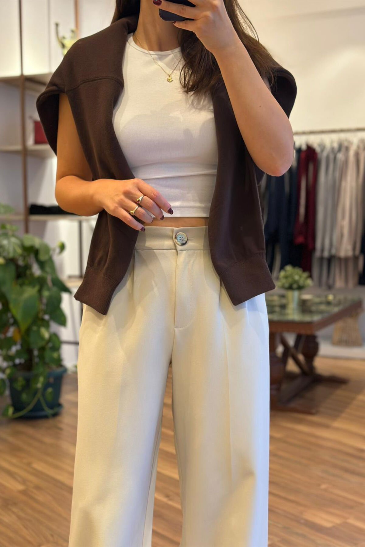 Taş Rengi Beli Lastikli Kırışmayan Kumaş Palazzo Pantolon