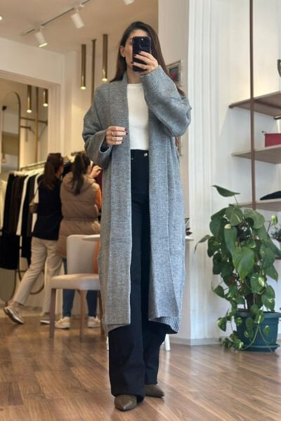 Gri Maxi Boy Triko Hırka