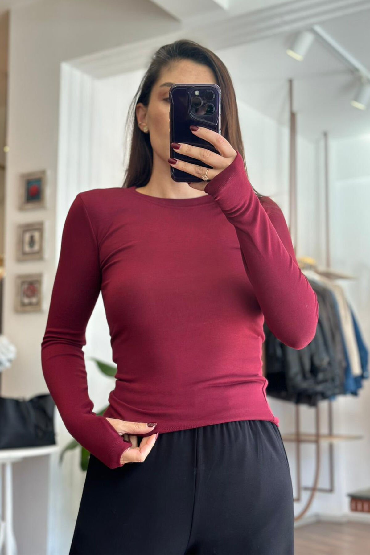 Bordo Buzzy Kumaş Parmak Geçmeli Body