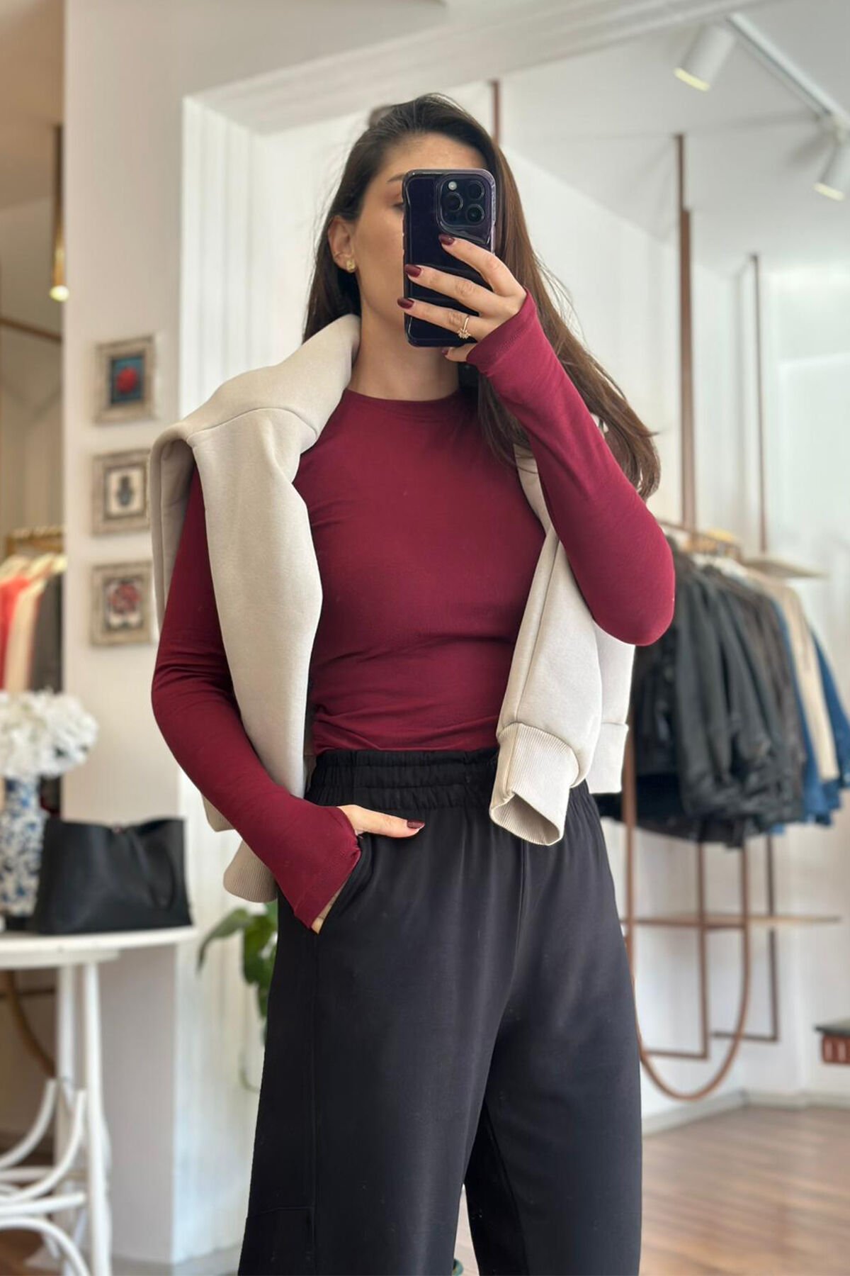 Bordo Buzzy Kumaş Parmak Geçmeli Body