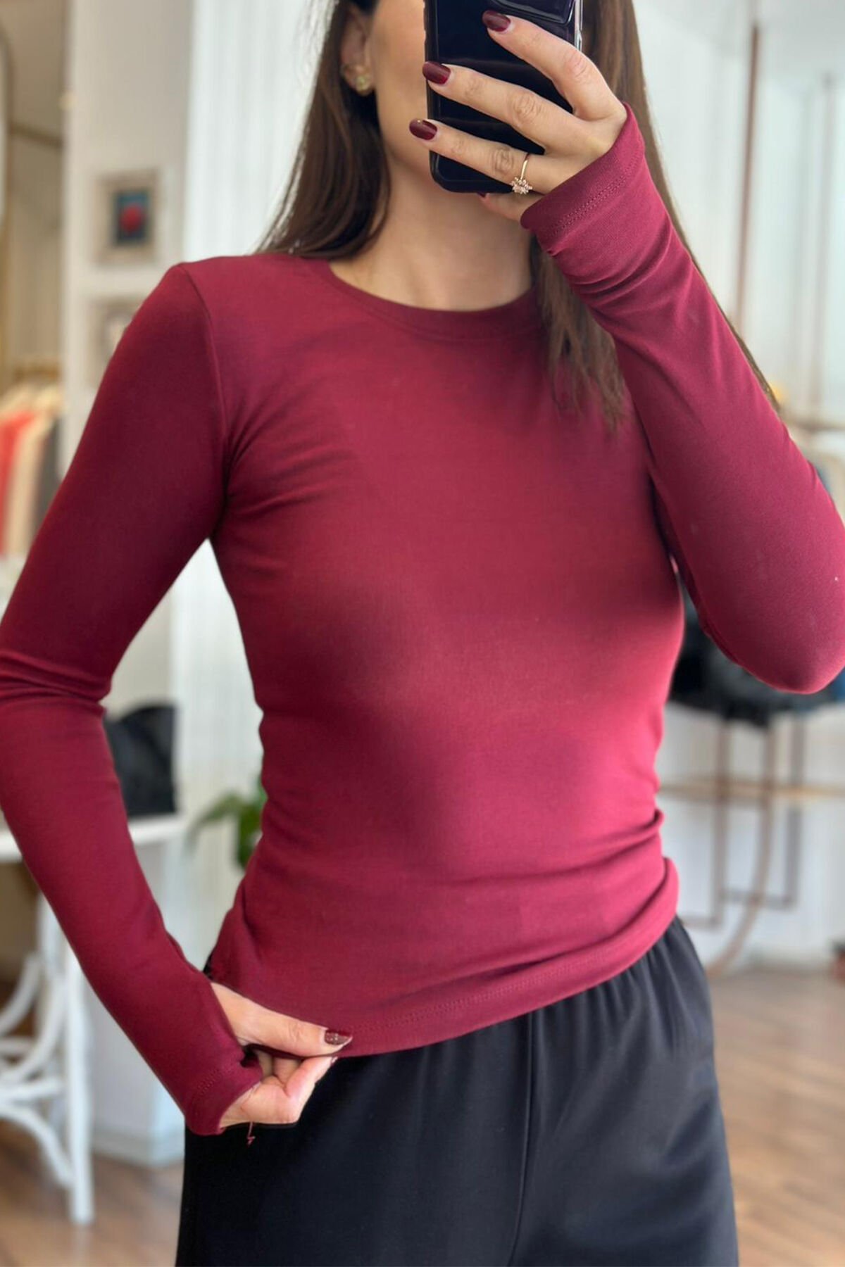 Bordo Buzzy Kumaş Parmak Geçmeli Body