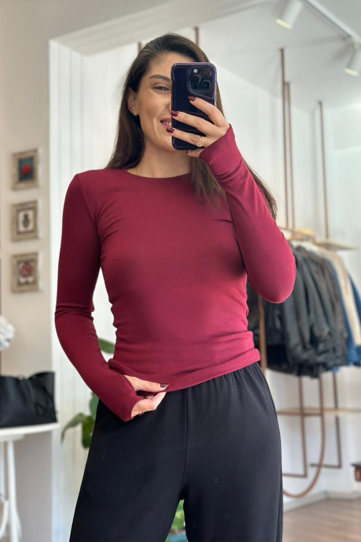 Bordo Buzzy Kumaş Parmak Geçmeli Body