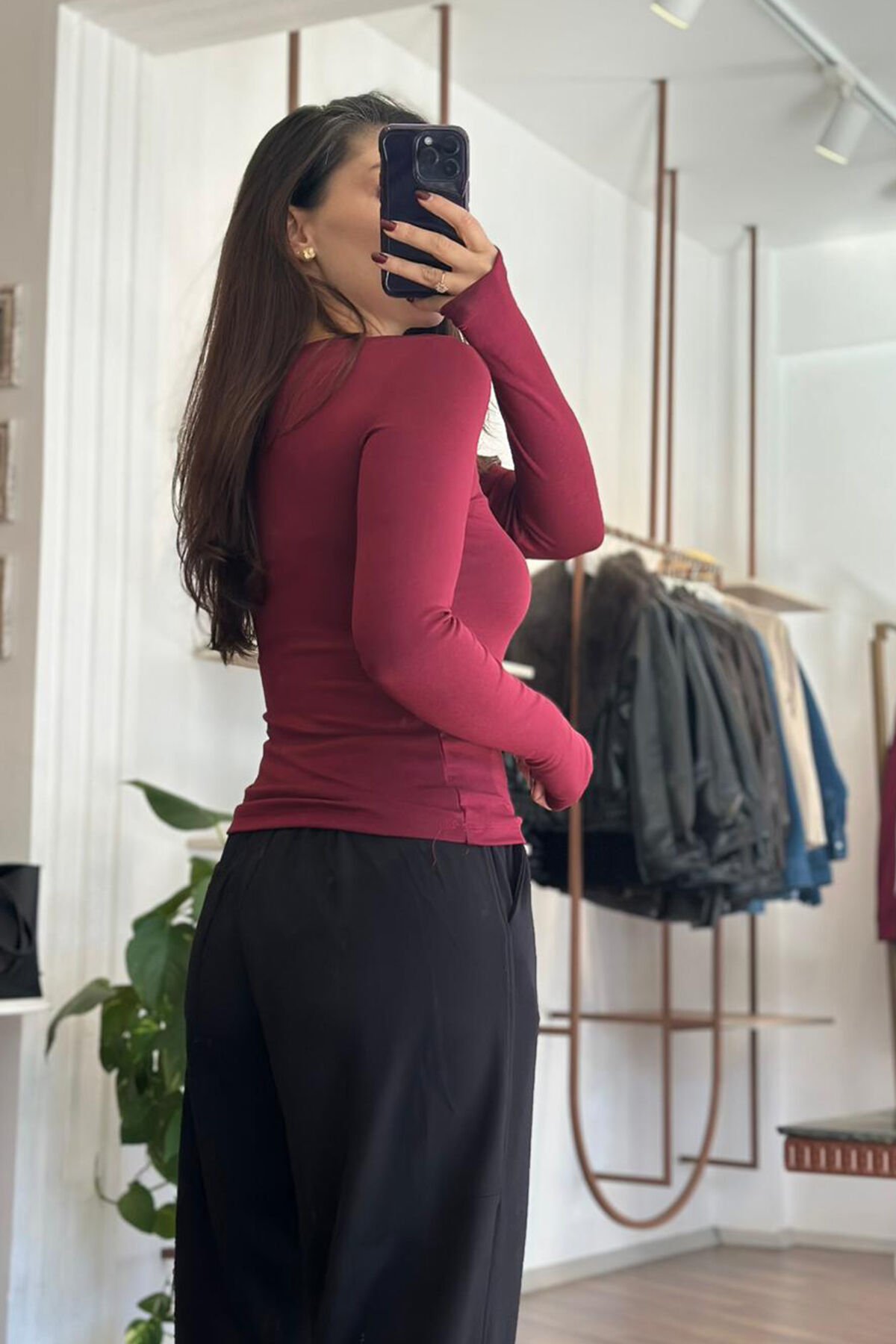 Bordo Buzzy Kumaş Parmak Geçmeli Body