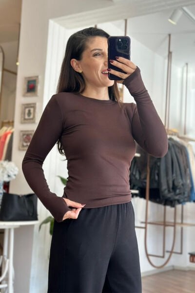 Acı Kahve Buzzy Kumaş Parmak Geçmeli Body