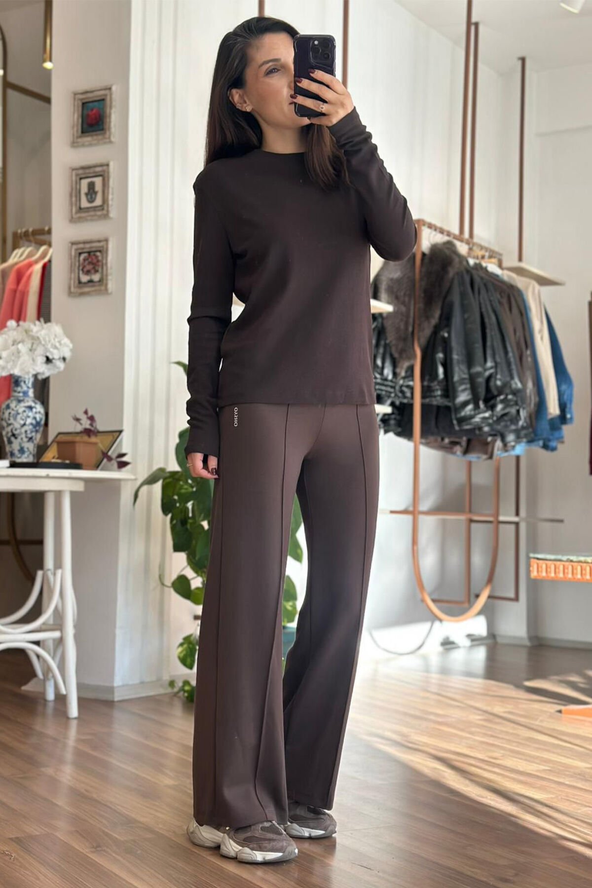 Acı Kahve Bisiklet Yaka Uzun Kollu Pamuklu Basic T-shirt