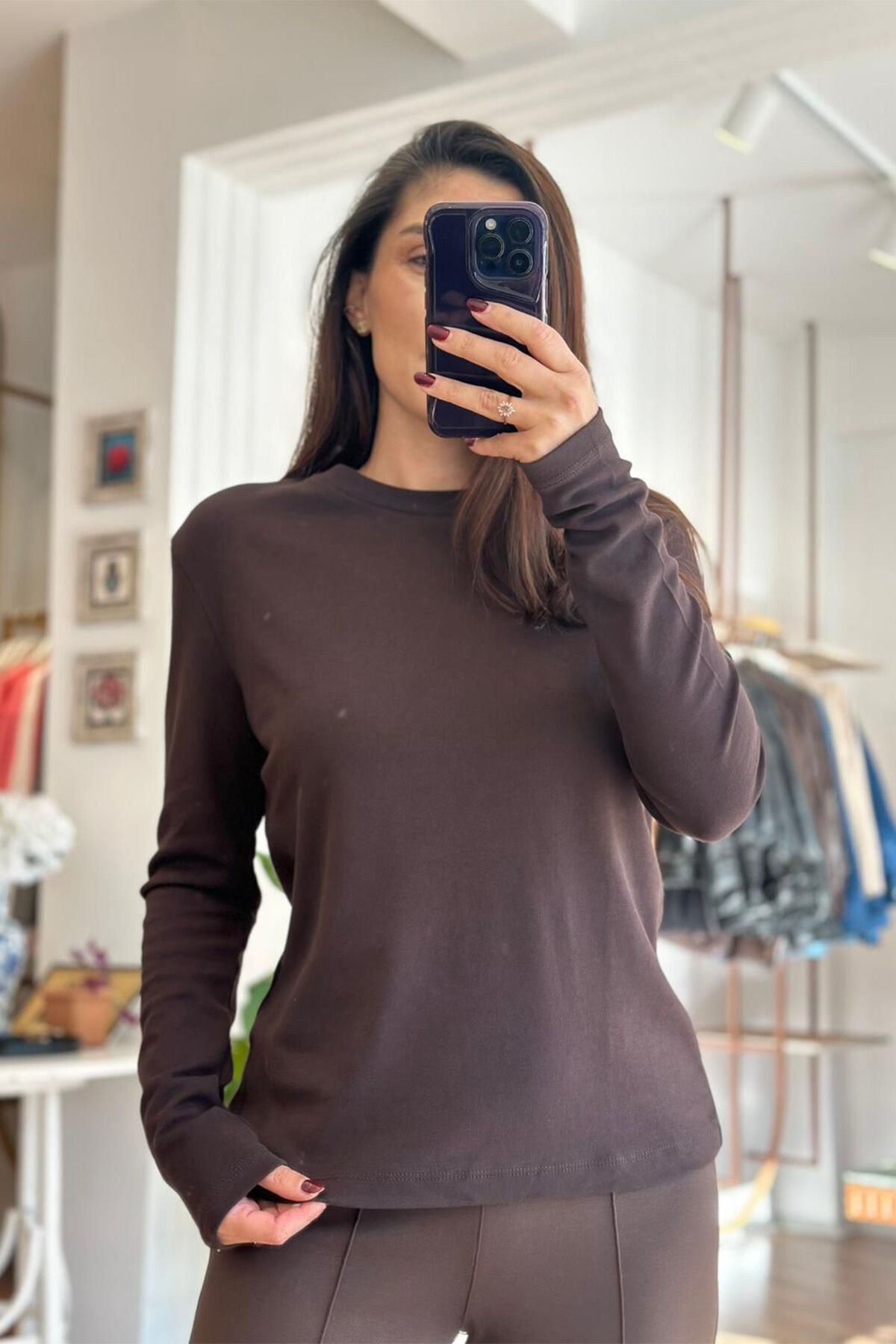 Acı Kahve Bisiklet Yaka Uzun Kollu Pamuklu Basic T-shirt